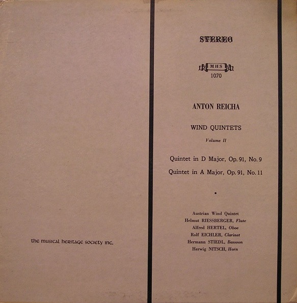 Anton Reicha, Helmut Riessberger, Alfred Hertel 'Wind Quintets Volume II' LP/1970/Classical/US/Nm Anton Reicha, Helmut Riessberger, Alfred Hertel 'Wind Quintets Volume II' LP/1970/Classical/US/Nm